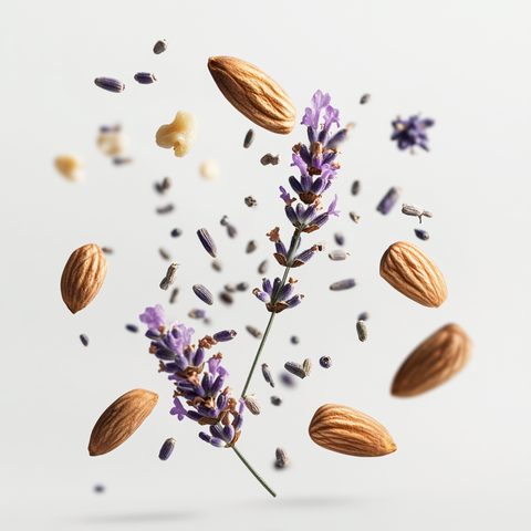 Eine künstlerische Darstellung der Duftnoten von Asabi № 5 Intense mit Lavendel, Myrrhe, Tonkabohne, Vanille und Mandel auf hellem Hintergrund