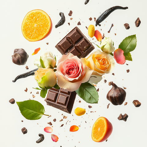 Eine künstlerische Darstellung der Duftnoten von Attar Collection Crystal Love for Her mit verschiedenen Früchten, Rosen, Milchschokolade, Muskat, weißem Moschus, Bourbon-Vanille und Tonkabohnen auf hellem Hintergrund