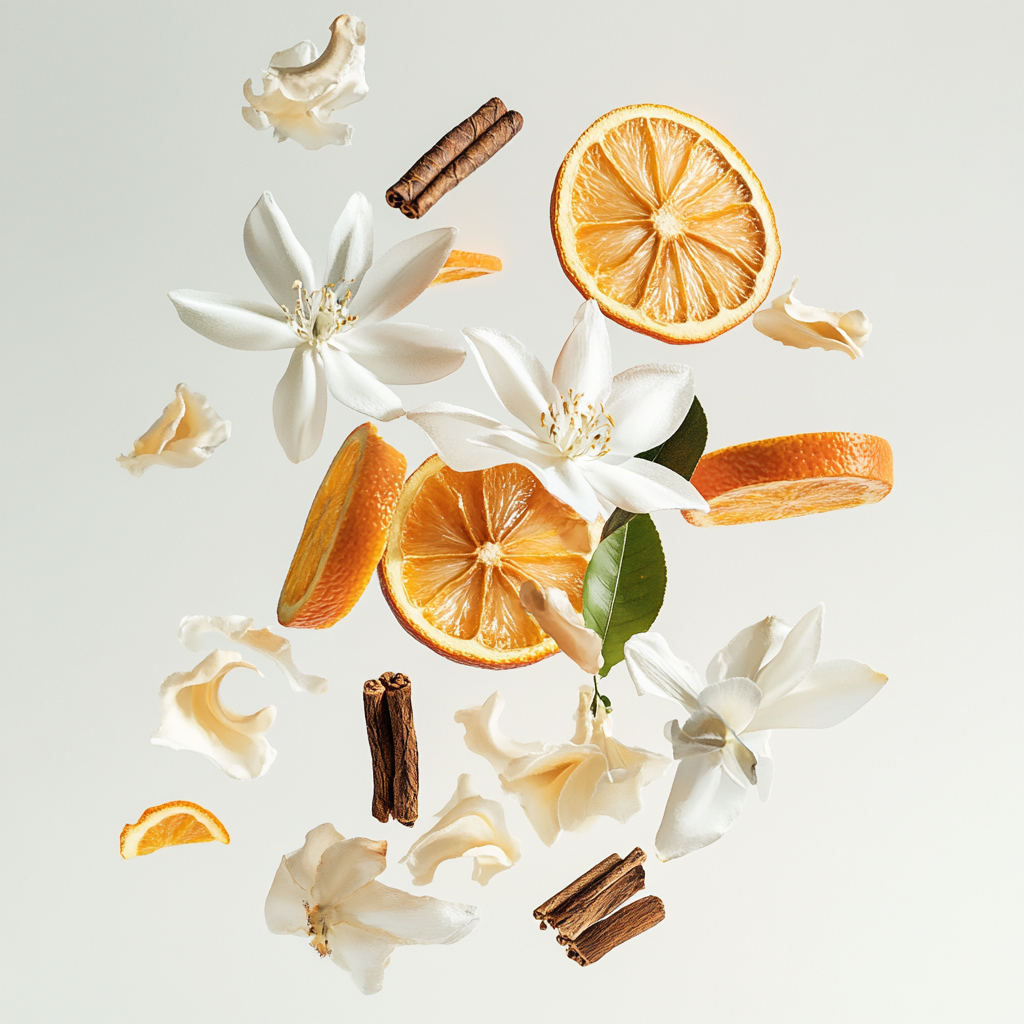Eine künstlerische Darstellung der Duftnoten von Clive Christian XXI Art Deco Blonde Amber mit Bitterorangenscheiben, Tuberoseblüten, Jasminblüten, Amberharz, getrockneten Früchten, Tonkabohnen und hellen Tabakblättern auf hellem Hintergrund