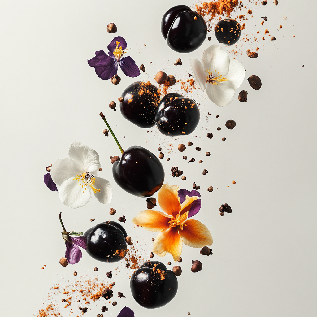 Eine künstlerische Darstellung der Duftnoten von Gritti Duchessa mit Schwarzkirschen, Bitterorangenschale, Safranblüten, Pfirsichen, Jasminblüten, Gewürznelken, Kakaopulver, weißen Blüten, süßen Mandeln, Irisblüten und braunen Zuckerkristallen auf hellem Hintergrund