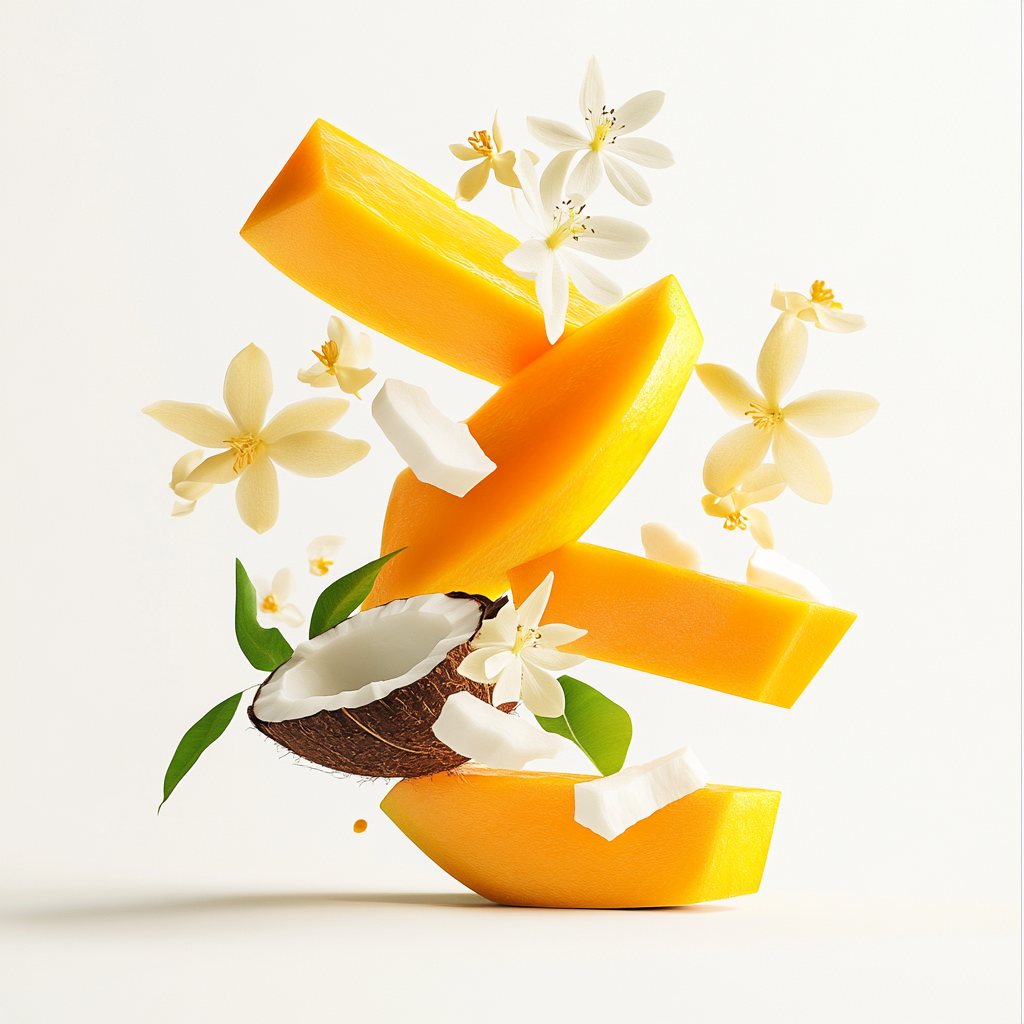 Eine künstlerische Darstellung der Duftnoten von Gritti Mango Aoud mit Mangoscheiben, Guavenstücken, Neroliblüten, Kokosmilch, Osmanthusblüten, Ylang-Ylang-Blüten, Vanilleschoten, Amberharz und Oud-Holz auf hellem Hintergrund