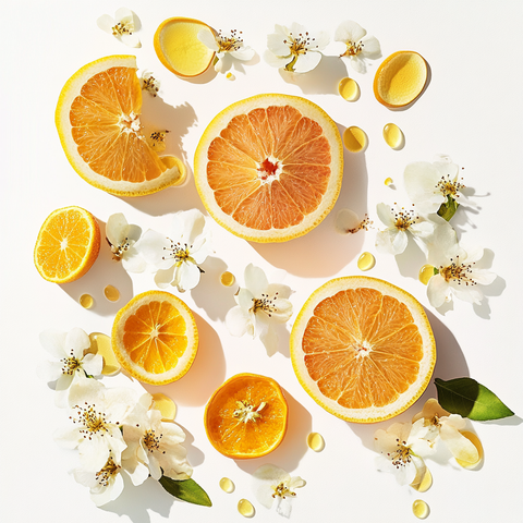 Eine künstlerische Darstellung der Duftnoten von Montale Bubble Forever mit Grapefruit, sizilianischer Zitrone, Williams-Birne, Neroli, Orangenblüte, bulgarischer Rose, ägyptischem Jasmin, Ceylon-Zimt, Toffee, Vanille, Moschus und Amber auf hellem Hintergrund