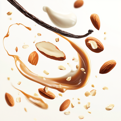 Eine künstlerische Darstellung der Duftnoten von Montale Vanilla Cake mit Karamell, Madagaskar-Vanille, gerösteten Mandeln und Milch auf hellem Hintergrund