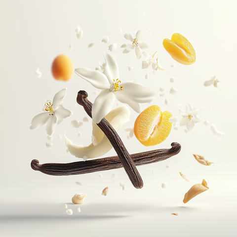 Eine künstlerische Darstellung der Duftnoten von Montale Vanilla Extasy mit Vanilleschoten, Aprikosen, Jasmin, Ylang-Ylang, Tiaréblüte, Benzoe, Sandelholz und weißem Moschus auf hellem Hintergrund.
