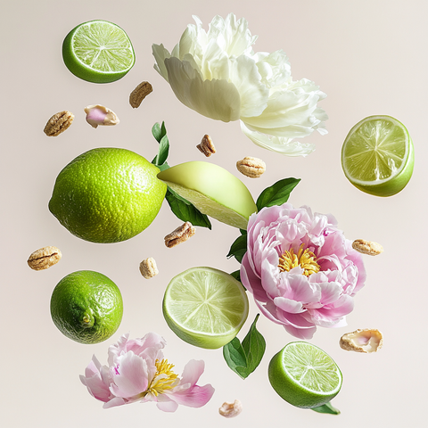 Eine künstlerische Darstellung der Duftnoten von Swiss Arabian Shaghaf for Women mit Limette, Amalfizitrone, grünem Apfel, Praline, pinker Pfingstrose, Zedernholz und Moschus auf hellem Hintergrund