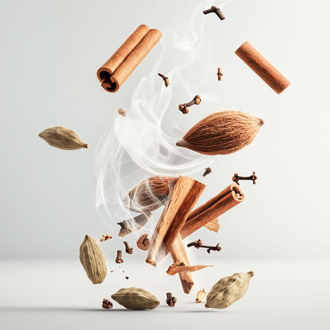 Eine künstlerische Darstellung der Duftnoten von Widian Black I mit Kardamomkapseln, Zimtstangen, Weihrauchrauch, Zypressenzweigen, Sandelholzstücken, Moschuselementen und Zedernholzspänen auf hellem Hintergrund