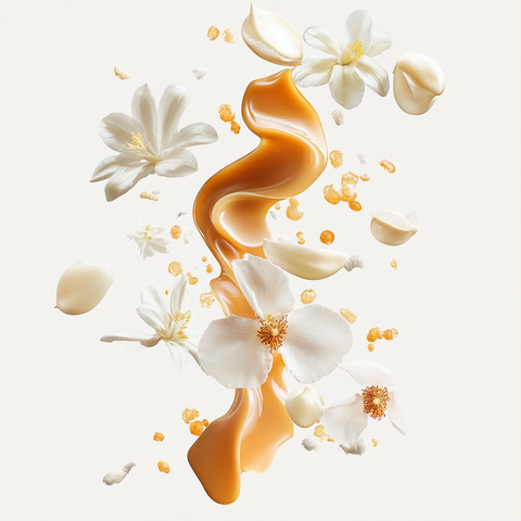 Eine künstlerische Darstellung der Duftnoten von Asabi № 3 Intense mit Karamell, Neroli, Bergamotte, Jasmin, Iris, Rose, Vanille und Moschus auf hellem Hintergrund