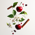 Eine künstlerische Darstellung der Duftnoten von Attar Collection Khaltat Night mit Kirschen, roten Äpfeln, Jasminblüten, Vanilleschoten, Zimtstangen, Amberharz, Kleeblättern, weißen Moschuselementen und Patchouliblättern auf hellem Hintergrund