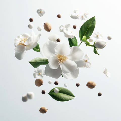 Eine künstlerische Darstellung der Duftnoten von Attar Collection Musk Kashmir mit weißen Moschuselementen, Sandelholzstücken, Gardenienblüten, Gewürznelken und weißen Pfefferkörnern auf hellem Hintergrund