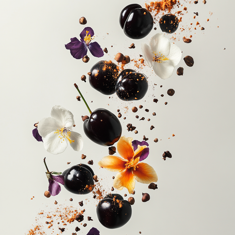 Eine künstlerische Darstellung der Duftnoten von Gritti Duchessa mit Schwarzkirschen, Bitterorangenschale, Safranblüten, Pfirsichen, Jasminblüten, Gewürznelken, Kakaopulver, weißen Blüten, süßen Mandeln, Irisblüten und braunen Zuckerkristallen auf hellem Hintergrund