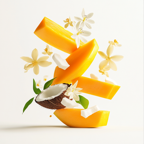 Eine künstlerische Darstellung der Duftnoten von Gritti Mango Aoud mit Mangoscheiben, Guavenstücken, Neroliblüten, Kokosmilch, Osmanthusblüten, Ylang-Ylang-Blüten, Vanilleschoten, Amberharz und Oud-Holz auf hellem Hintergrund