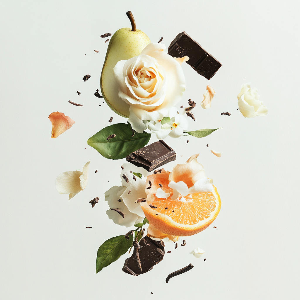 Eine künstlerische Darstellung der Duftnoten von Montale Diamond Greedy mit Birnenscheiben, Mandarinen, Schokoladenraspeln, Rosen, Jasminblüten, Vanilleschoten, weißem Moschus und Patchouli auf hellem Hintergrund