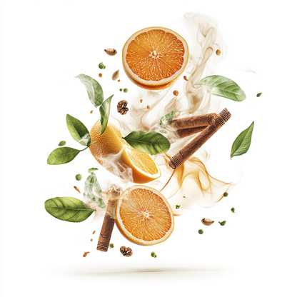 Eine luxuriöse Komposition aus Bergamotte, Mandarine, grünem Apfel, Kaschmirholz, Zedernholz, Petitgrain, Eichenmoos, Moschus und Amberwood – visuell eingefangen in einer kunstvollen Darstellung.