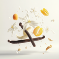 Eine künstlerische Darstellung der Duftnoten von Montale Vanilla Extasy mit Vanilleschoten, Aprikosen, Jasmin, Ylang-Ylang, Tiaréblüte, Benzoe, Sandelholz und weißem Moschus auf hellem Hintergrund.