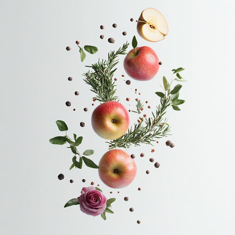 Eine künstlerische Darstellung der Duftnoten von Pana Dora Swedish Wood Extrait de Parfum mit Äpfeln, Rosmarinzweigen, Rosa Pfefferkörnern, Gewürznelken, Bulgarischen Rosen, Labdanum-Harz, Patchouli-Blättern, Cypriol-Wurzeln, Vetiver-Gras und Oud-Holz auf hellem Hintergrund