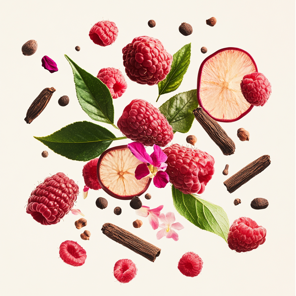 Eine künstlerische Darstellung der Duftnoten von Widian Aswan mit Himbeeren, Bergamottenscheiben, rosa Pfefferkörnern, Veilchenblättern, Zedernholzstücken, Ambergris, Ledertexturen, Tabakblättern, Vanilleschoten, Patchouliblättern und Tonkabohnen auf hellem Hintergrund