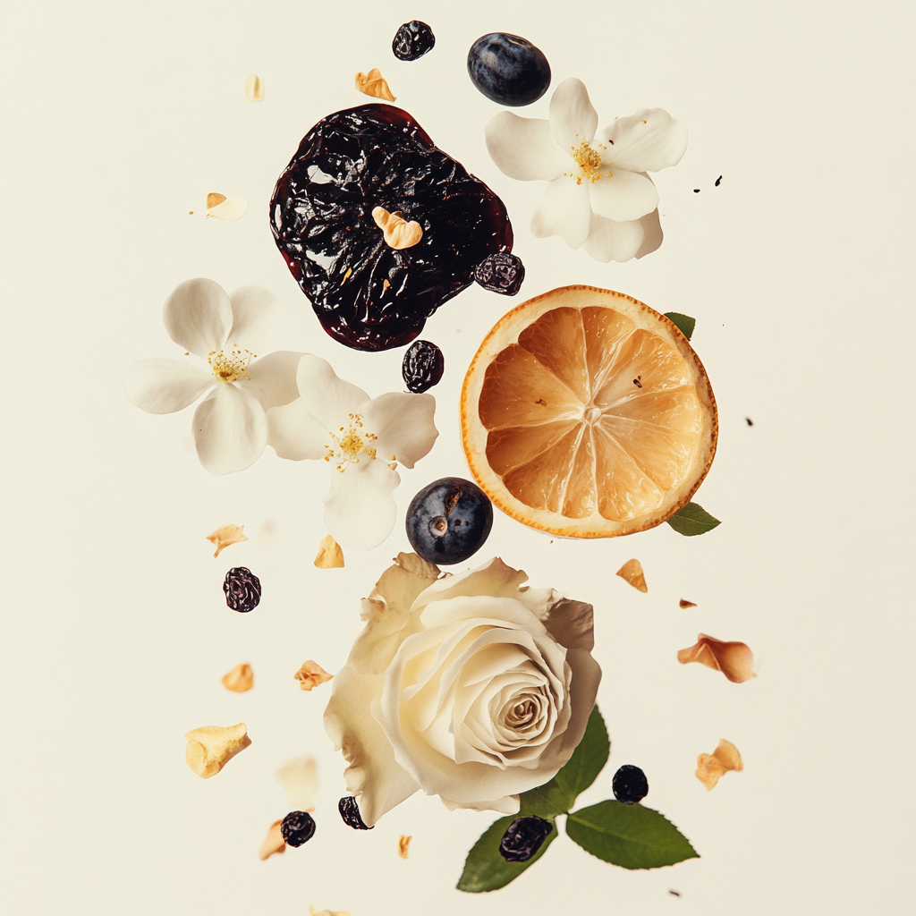 Eine künstlerische Darstellung der Duftnoten von Widian Black IV mit Bergamottenscheiben, schwarzen Johannisbeeren, Backpflaumen, Rosen, weißen Blüten, Vanilleschoten, Moschus, Leder und Sandelholz auf hellem Hintergrund