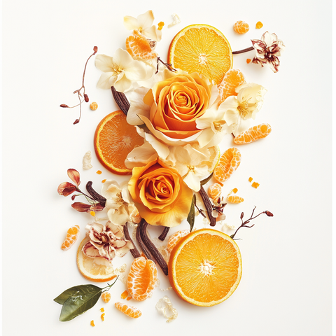 Eine künstlerische Darstellung der Duftnoten von Widian Gold II Sahara mit Safranfäden, Orangenscheiben, Elemiharzstücken, Rosenblüten, Orangenblüten, Amberstücken, Vanilleschoten, Moschuselementen und Zedernholzspänen auf hellem Hintergrund