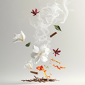 Eine künstlerische Darstellung der Duftnoten von Widian Liwa mit Safranfäden, Artemisiablättern, Jasminblüten, Bergamottenscheiben, Amberharz, weißen Rosen, Geranienblättern, Weihrauchrauch, Sandelholzstücken, Zedernholzspänen, Patchouliblättern, Oud-Stücken und Vetiverwurzeln auf hellem Hintergrund